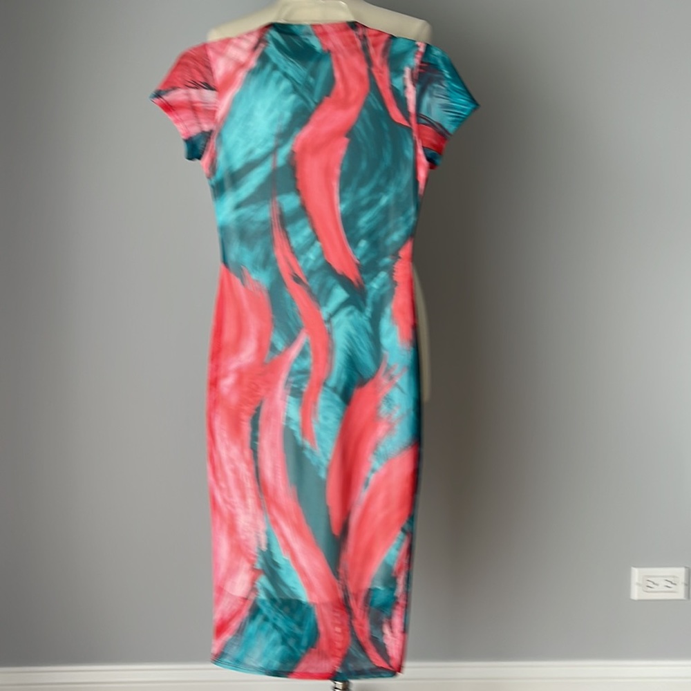 FashionNova fully lined sheer mesh teal red pink dress size S - Picture 8 of 8